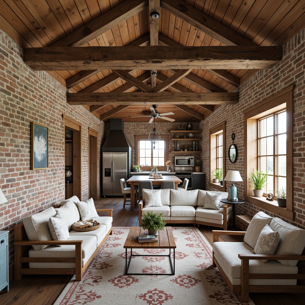 Prompt: Rustic farmhouse, exposed brick walls, distressed wood planks, vintage metal accents, earthy color palette, natural stone textures, soft warm lighting, cozy atmosphere, plank ceiling, wooden beams, reclaimed barn wood, country-style decor, farmhouse kitchen, traditional furniture, floral patterns, pastel colors, shabby chic details, distressed finishes, worn edges, aged patina.