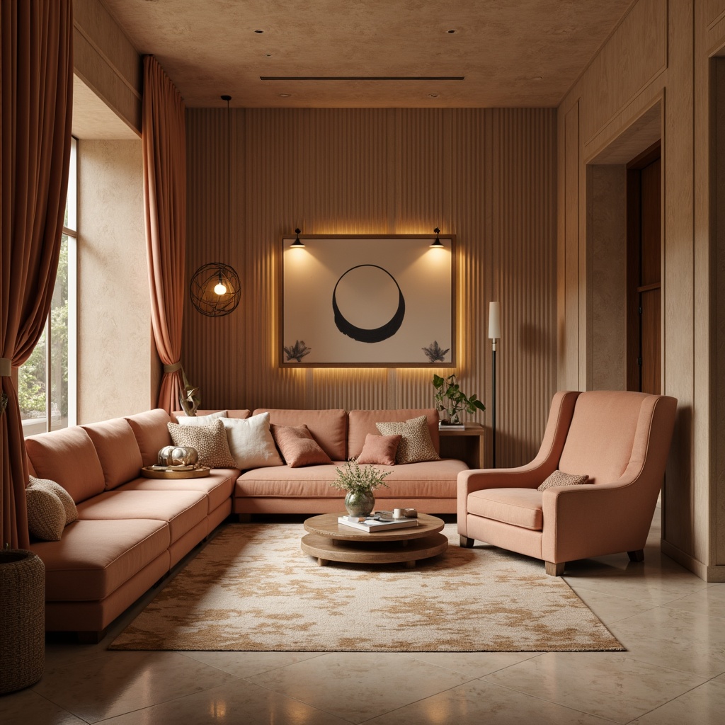 Prompt: Rich velvet fabrics, warm beige tones, soft peach hues, luxurious golden accents, subtle cream textures, elegant marble patterns, sophisticated navy blues, rich walnut wood, modern minimalist decor, cozy ambient lighting, warm candlelight, shallow depth of field, 1/1 composition, realistic reflections, soft focus effect.