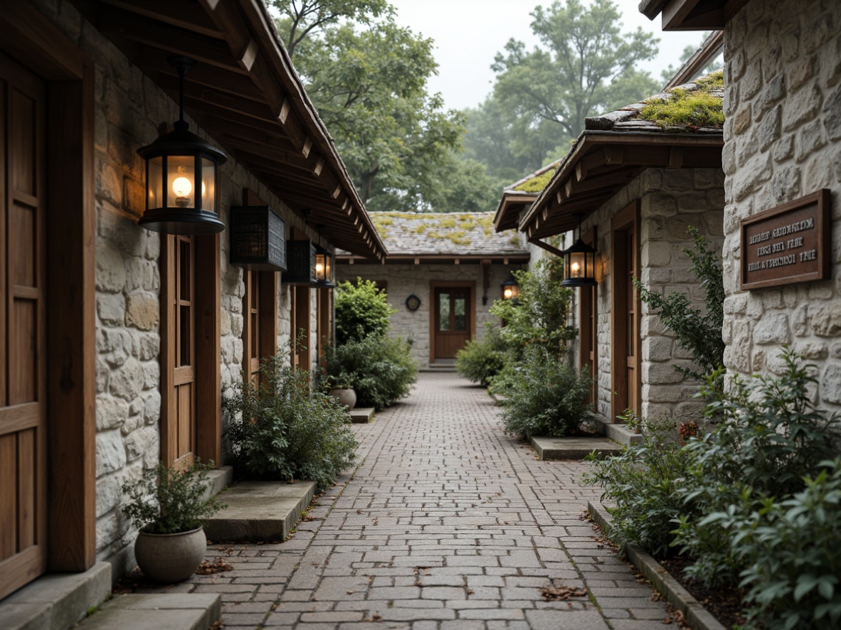 Prompt: Weathered stone walls, rustic wooden accents, distressed metal details, natural earthy tones, vintage lanterns, ornate ironwork, worn brick pathways, memorial plaques, solemn ambiance, soft diffused lighting, shallow depth of field, 1/1 composition, panoramic view, realistic textures, ambient occlusion, moss-covered roofs, overgrown vegetation, serene atmosphere, contemplative mood.