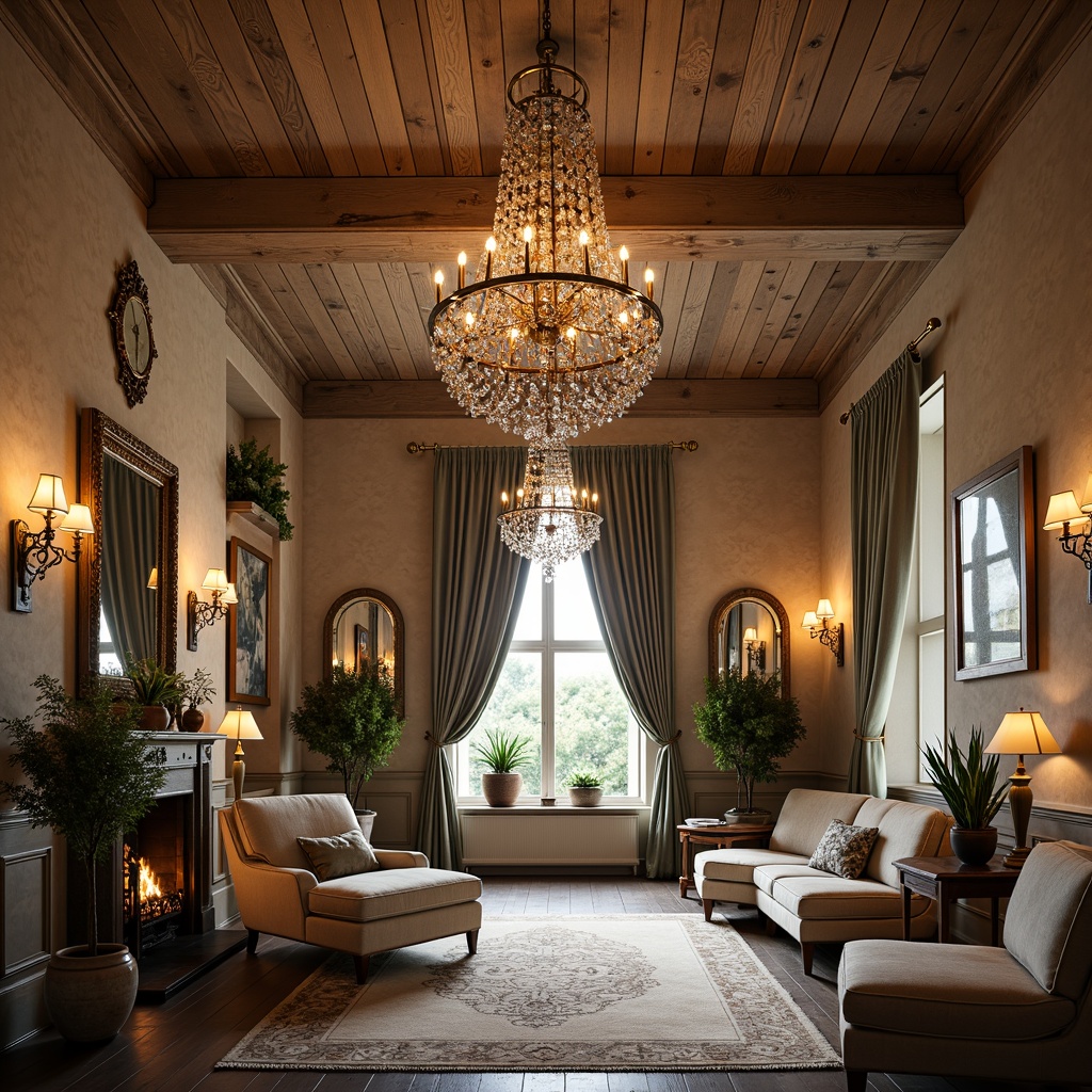 Prompt: Elegant chandeliers, ornate metalwork, distressed finishes, rustic wooden beams, soft warm lighting, ambient glow, vintage sconces, crystal drops, luxurious fabrics, rich velvet drapes, opulent furnishings, grand staircases, lavish decorations, French country charm, sophisticated ambiance, refined elegance, subtle color palette, creamy whites, warm beiges, ornate mirrors, delicate ironwork, whimsical patterns, playful textures, inviting atmosphere, cozy nooks, dramatic ceiling heights, cinematic composition, shallow depth of field.