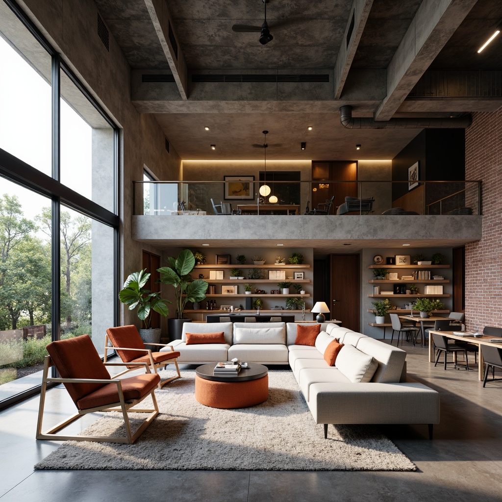 Prompt: Open-plan living space, minimalist decor, functional simplicity, industrial materials, exposed brick walls, polished concrete floors, geometric shapes, bold color accents, metallic fixtures, sleek lines, rectangular forms, abundant natural light, floor-to-ceiling windows, sliding glass doors, built-in shelving, modular furniture, 3/4 composition, symmetrical balance, high-contrast lighting, deep shadows, atmospheric ambiance.