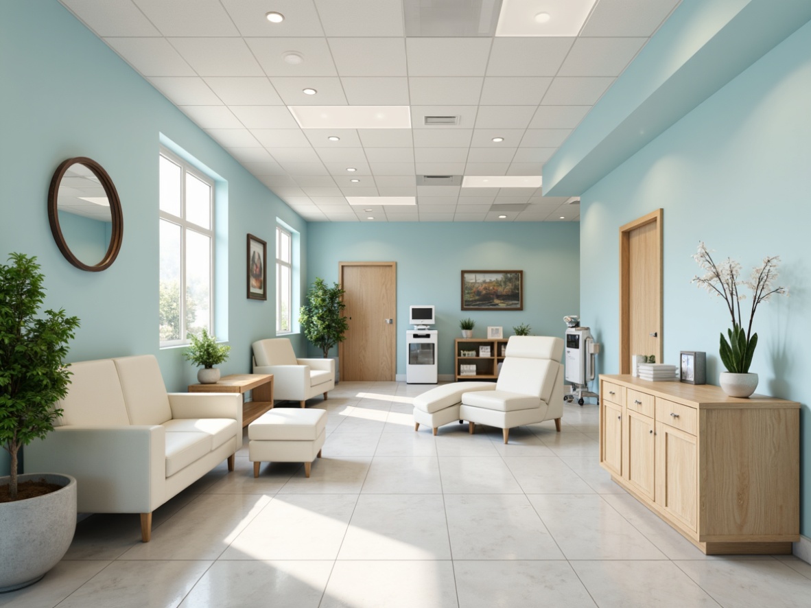 Prompt: \Soothing clinic interior, calming color scheme, pale blue walls, creamy white furniture, natural wood accents, gentle greenery, soft overhead lighting, comfortable waiting areas, serene atmosphere, minimalist decor, modern medical equipment, stainless steel surfaces, sleek lines, calming textures, ambient occlusion, 1/1 composition, realistic renderings.\Let me know if this meets your requirements or if you need any adjustments!