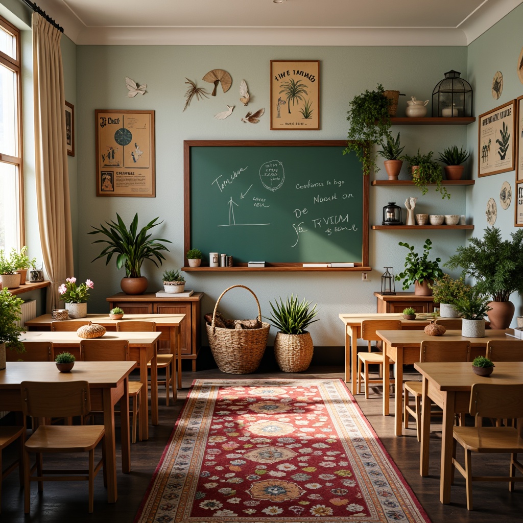 Prompt: Cozy classroom, warm wooden desks, vintage chalkboards, soft pastel colors, whimsical wall art, colorful rug patterns, plush throw pillows, natural woven baskets, earthy terracotta pots, lush greenery, delicate flower arrangements, rustic wooden shelves, classic educational posters, ornate metal lanterns, creamy white curtains, gentle morning light, shallow depth of field, 3/4 composition, inviting atmosphere, realistic textures, ambient occlusion.