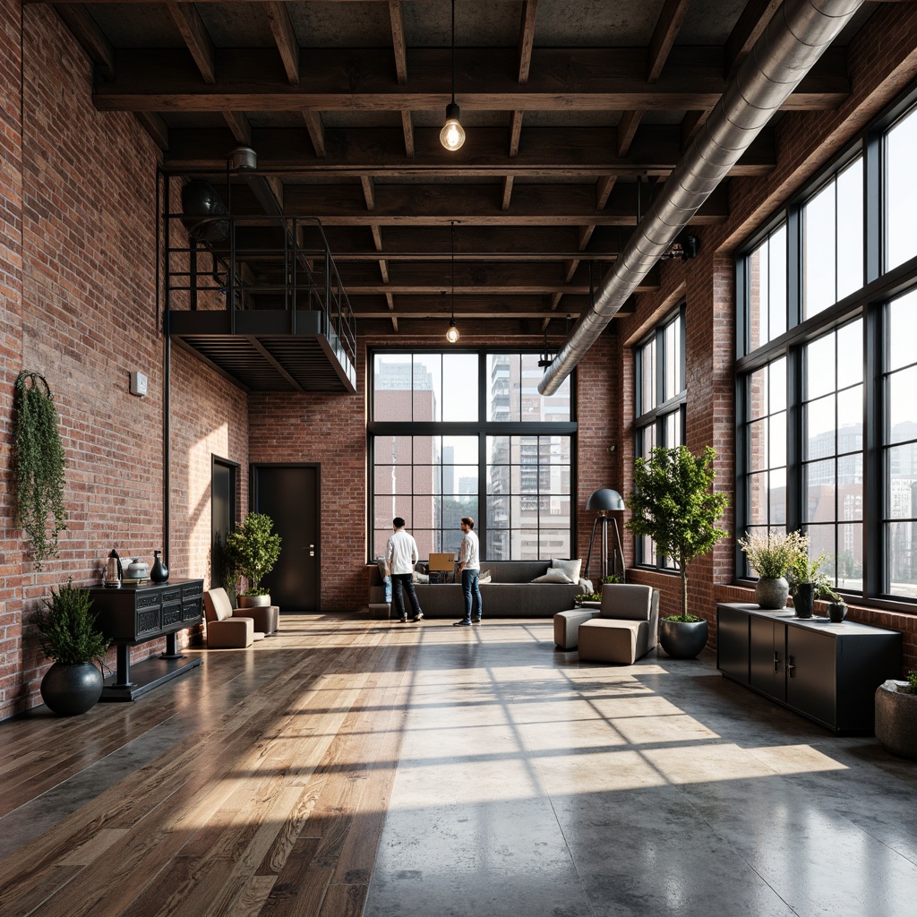 Prompt: Exposed brick walls, industrial metal beams, reclaimed wood flooring, functional minimalist decor, monochromatic color scheme, abundance of natural light, sleek metal machinery, concrete floors, urban loft atmosphere, modern factory conversion, large windows, metal grid ceilings, Edison bulb lighting, sparse greenery, neutral tone color palette, 3/4 composition, shallow depth of field, soft warm lighting, realistic textures, ambient occlusion.