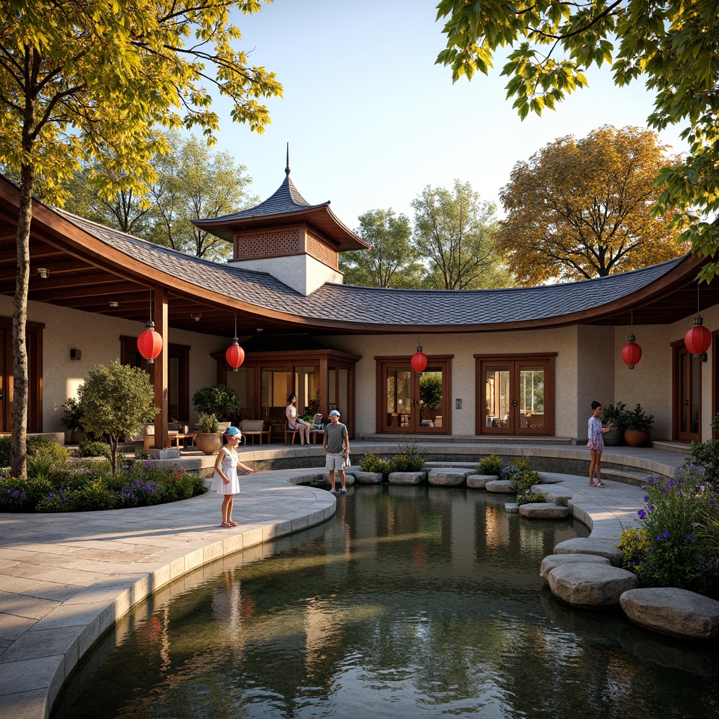 Prompt: Vibrant community center, traditional Asian architecture, curved tiled roofs, intricately carved wooden doors, ornate lanterns, lush greenery, natural stone walls, serene water features, tranquil koi ponds, vibrant red accents, golden yellow hues, deep blue tones, earthy brown colors, warm soft lighting, shallow depth of field, 1/1 composition, realistic textures, ambient occlusion.