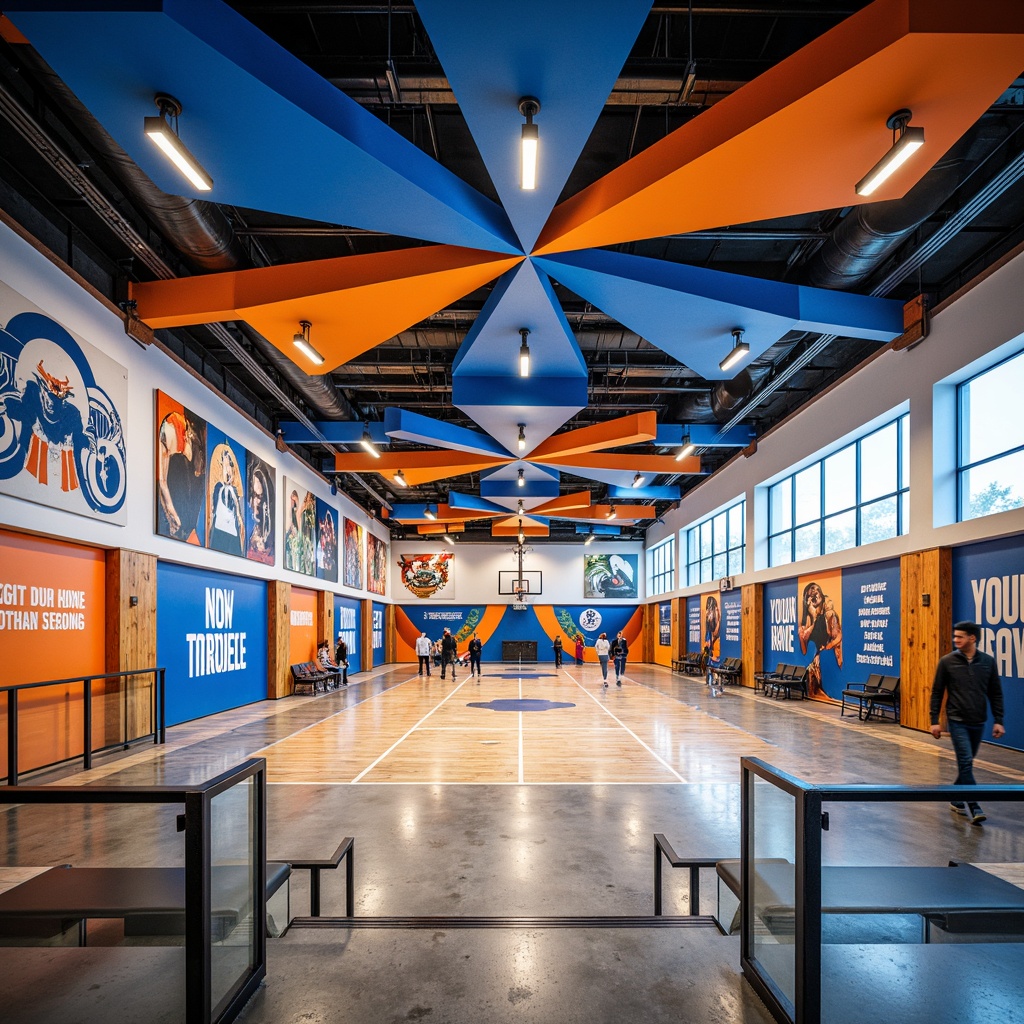 Prompt: Vibrant gymnasium interior, bold athletic colors, deep blues, energetic oranges, bright whites, warm wood tones, metallic accents, dynamic lighting, high ceilings, spacious open areas, modern sports equipment, motivational quotes, inspirational murals, polished concrete floors, sleek glass railings, flexible seating arrangements, adaptable training zones, futuristic architecture design, abstract geometric patterns, bold typography, lively ambiance, shallow depth of field, 3/4 composition, panoramic view.