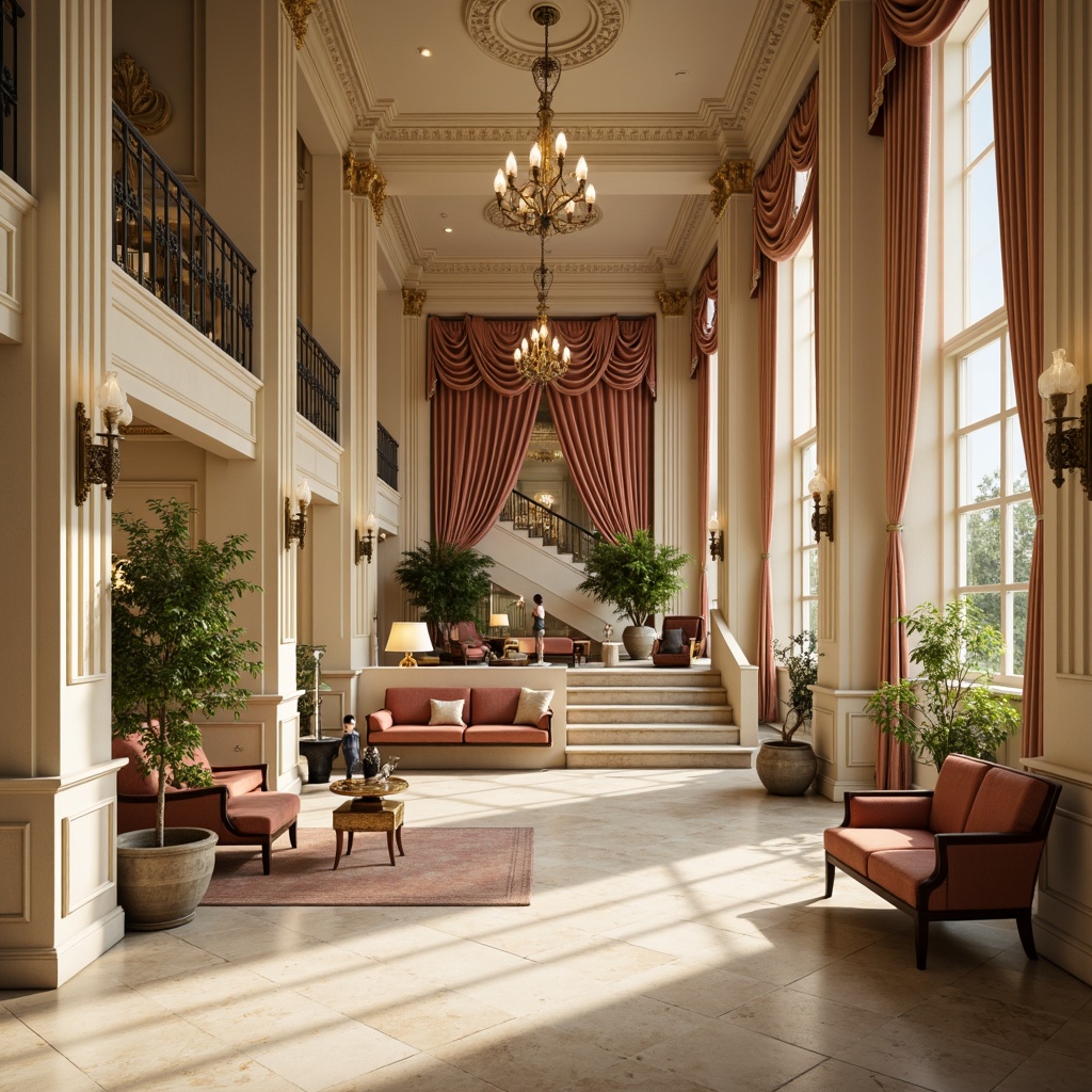 Prompt: Elegant interior space, cream marble floors, soft golden lighting, ornate moldings, classic columns, rich velvet fabrics, antique furnishings, subtle color palette, muted beige tones, warm ivory hues, dusty rose accents, mossy green undertones, subtle bronze metallic hints, intricate patterns, ornate mirrors, crystal chandeliers, high ceilings, grand staircases, luxurious drapery, refined textures, sophisticated ambiance, dramatic shadows, 1/2 composition, soft focus blur, warm color grading.