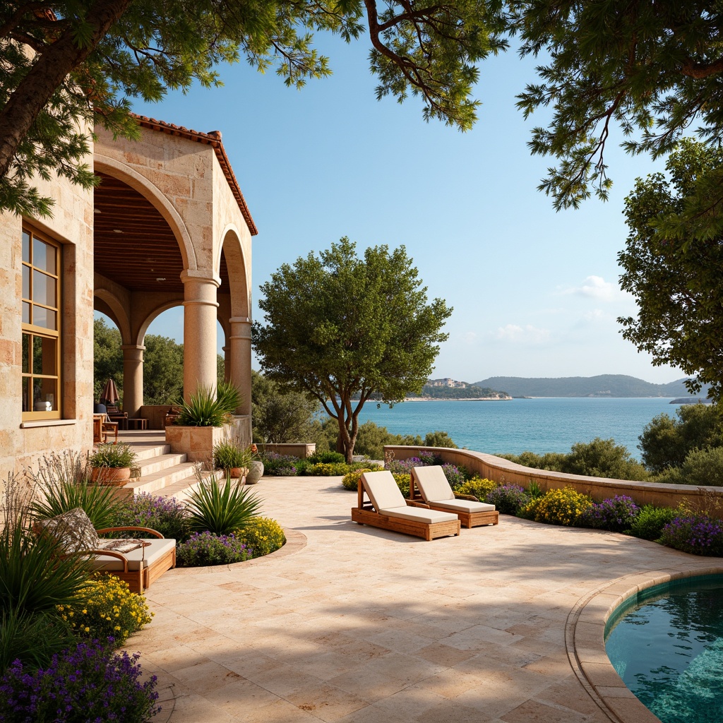 Prompt: Warm Mediterranean villa, rustic stone walls, curved archways, terra cotta rooftops, lush greenery, olive trees, vibrant bougainvillea flowers, turquoise accents, soft sandy beaches, calm crystal-clear waters, warm sunny day, gentle sea breeze, natural textures, earthy color palette, sienna red, golden yellow, sky blue, creamy white, weathered wood, distressed finishes, ornate metalwork, classic Mediterranean architecture, symmetrical composition, subtle gradient lighting, atmospheric perspective.