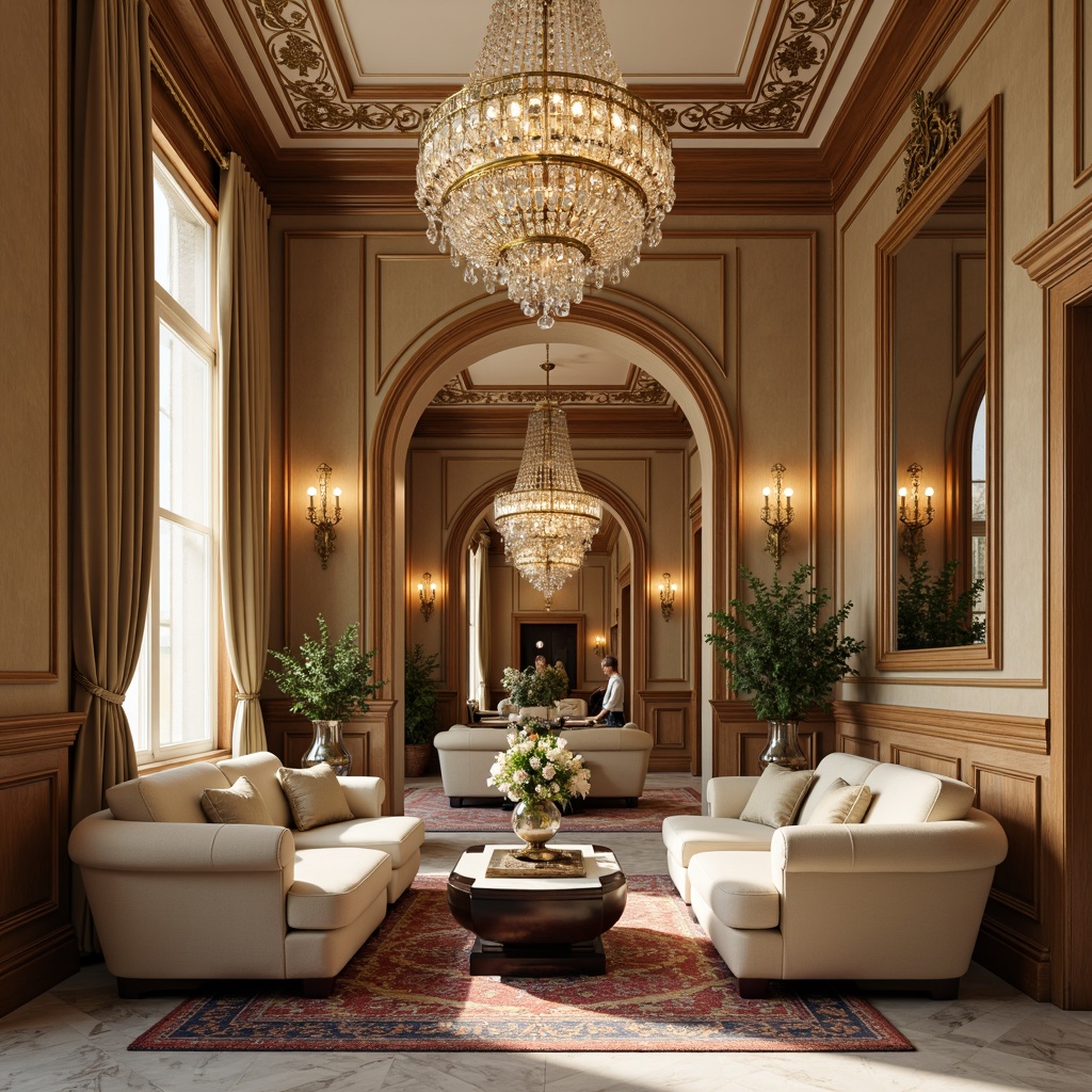 Prompt: Elegant interior, neoclassical style, warm beige walls, rich wood accents, ornate gold moldings, crystal chandeliers, plush velvet furnishings, soft cream upholstery, marble flooring, intricate patterned rugs, subtle warm lighting, high ceiling, grand archways, ornate mirrors, luxurious fabrics, sophisticated color palette, muted earth tones, deep blues, rich reds, soft yellows, creamy whites, subtle texture variations, realistic material reflections, shallow depth of field, 1/2 composition, atmospheric perspective.