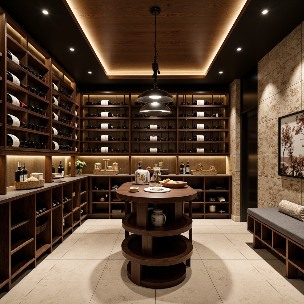 Prompt: Luxurious wine cellar, dark wood tones, climate-controlled environment, soft LED lighting, bespoke shelving systems, sleek metal frames, curved glass surfaces, ambient humidity control, premium wood finishes, temperature-regulated storage, wine bottle displays, label-forward orientation, minimalist decor, rich textiles, subtle aroma diffusion, warm beige tones, horizontal wine racking, vertical display shelves, floor-to-ceiling storage, rustic stone walls, atmospheric misting systems.