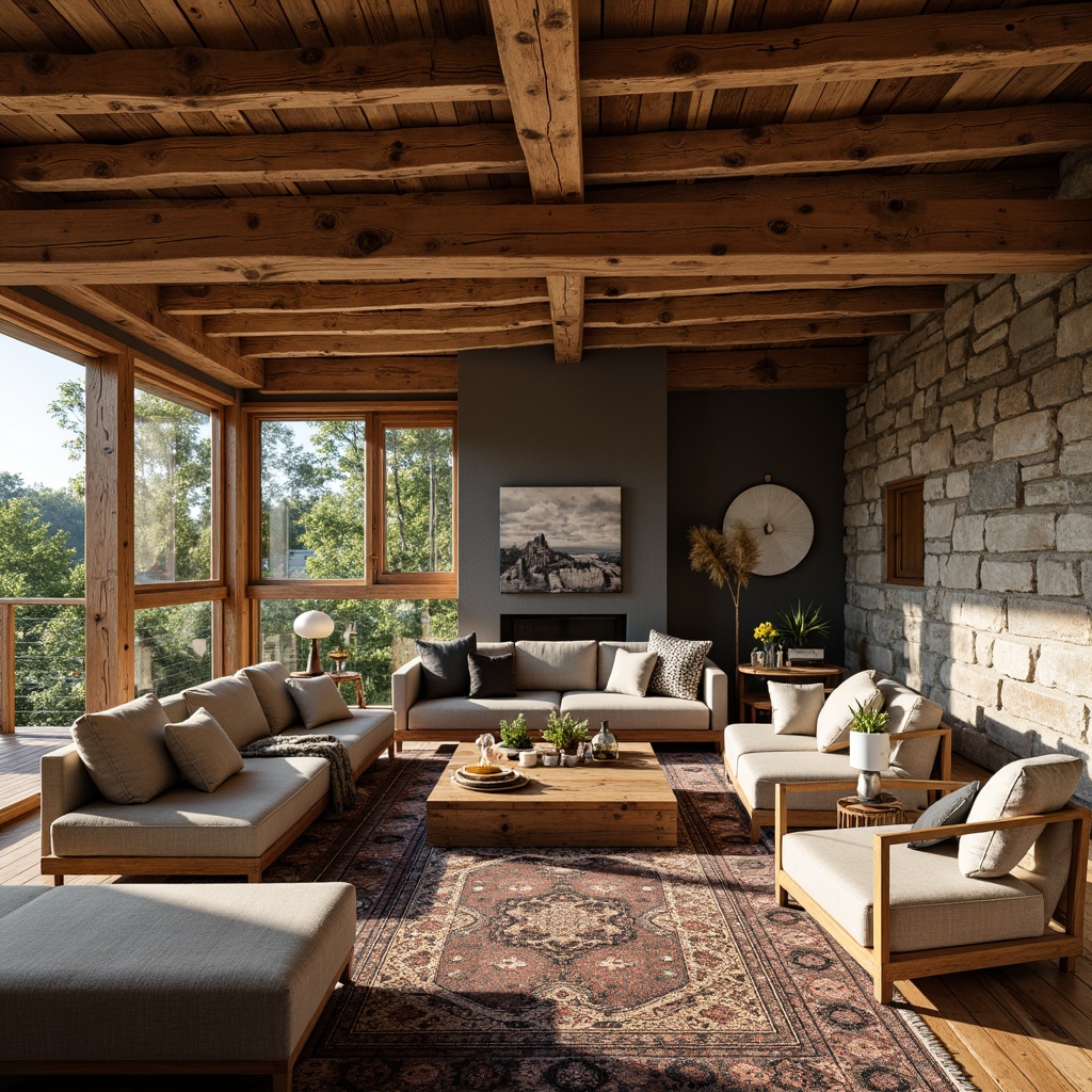 Prompt: Rustic living room, exposed wooden beams, natural wood grain, earthy tones, cozy atmosphere, industrial chic decor, metal accents, reclaimed wood furniture, stone walls, warm lighting, shallow depth of field, 1/2 composition, realistic textures, ambient occlusion, soft shadows, inviting ambiance.