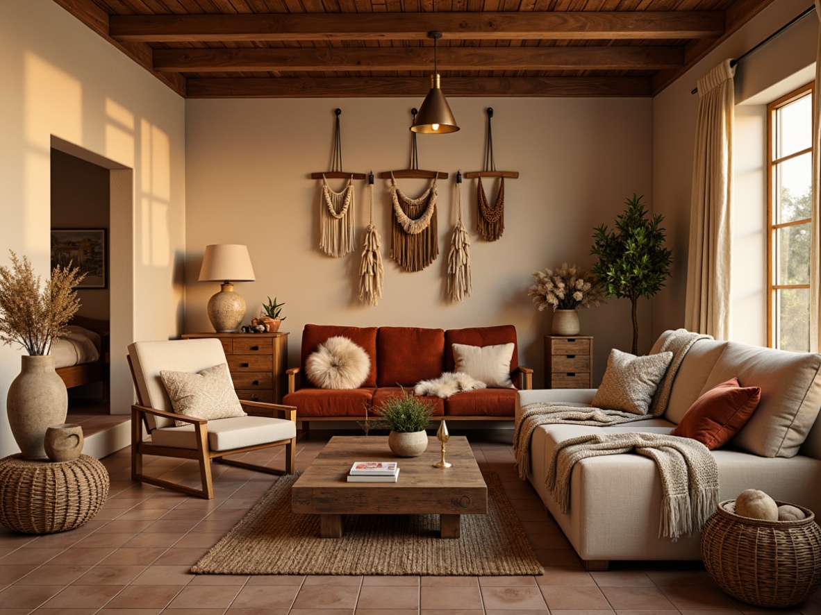 Prompt: Cozy living room, plush throw blankets, soft velvet sofas, Moroccan-inspired tiles, warm beige walls, natural wood flooring, woven baskets, chunky knit pillows, macrame wall hangings, rustic wooden accents, earthy color palette, warm golden lighting, shallow depth of field, 1/1 composition, realistic textures, ambient occlusion.