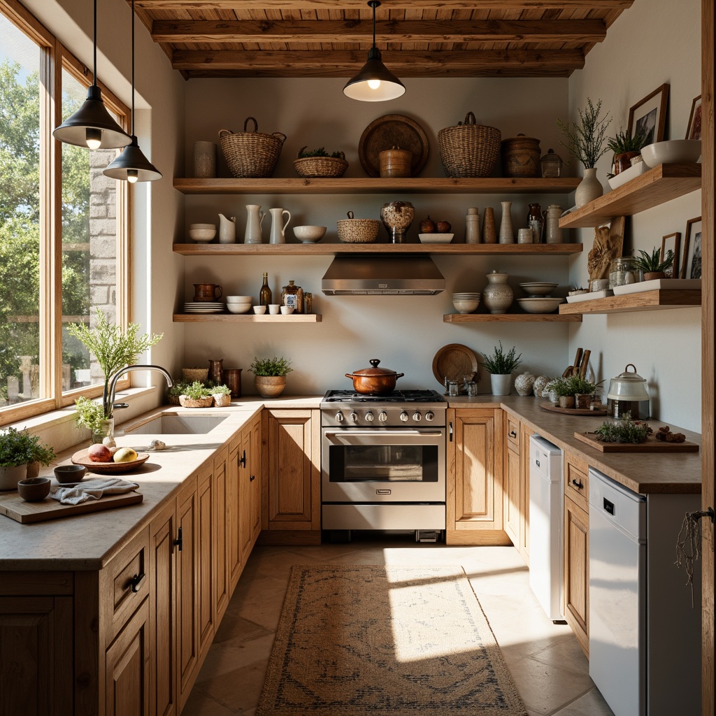 Prompt: Rustic pantry, warm wood tones, natural stone countertops, earthy ceramics, woven baskets, vintage metalware, distressed finishes, soft ambient lighting, creamy whites, warm beiges, rich woods, cozy textures, organic patterns, botanical prints, linen fabrics, jute rugs, reclaimed wood accents, earthy scents, relaxed atmosphere, 1/1 composition, shallow depth of field, realistic renderings.