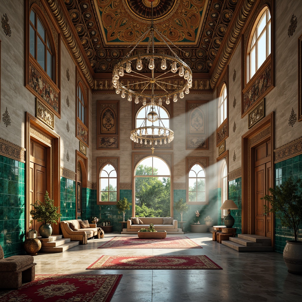 Prompt: Intricate Islamic geometry, vibrant turquoise tiles, ornate Arabic calligraphy, rich velvet fabrics, majestic domed architecture, grandiose chandeliers, warm golden lighting, ancient Persian rugs, intricately carved wooden doors, delicate ceramic vases, lush greenery, serene water features, soft misty atmosphere, 1/1 composition, realistic textures, ambient occlusion.