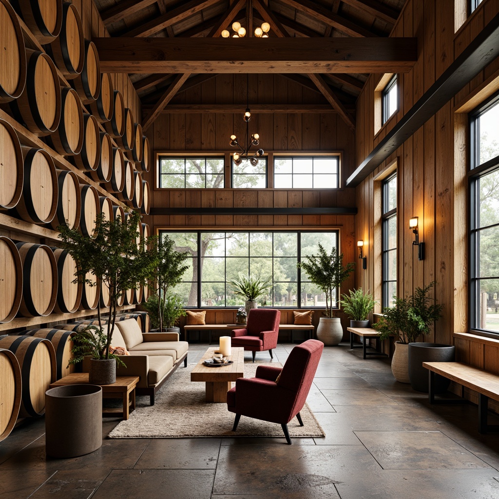 Prompt: Rustic winery, mid-century modern architecture, wooden barrel walls, stone flooring, reclaimed wood accents, industrial metal beams, large windows, natural lighting, cozy seating areas, plush armchairs, velvet sofas, wooden coffee tables, minimalist decor, wine barrels, vintage wine-making equipment, earthy color palette, warm ambient lighting, shallow depth of field, 2/3 composition, rustic textures, subtle shadows.