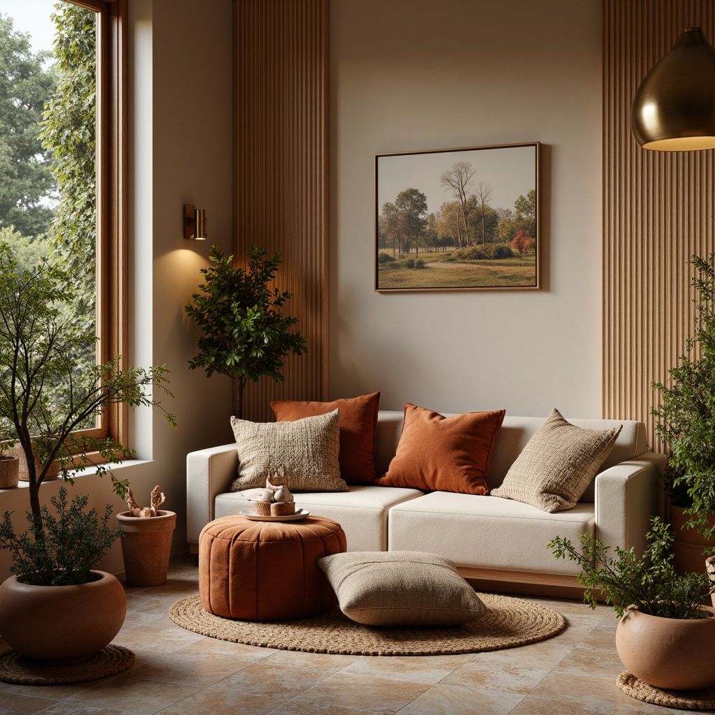 Prompt: Cozy modern nook, warm beige walls, rich wood accents, soft velvety fabrics, plush throw pillows, metallic gold lighting fixtures, natural stone flooring, earthy terracotta pots, lush greenery, delicate vines, tranquil ambiance, soft diffused light, shallow depth of field, 1/1 composition, realistic textures, ambient occlusion.