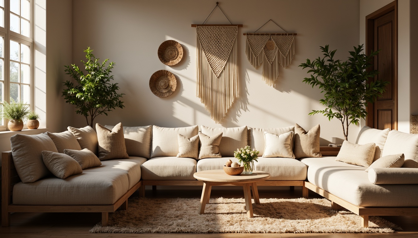 Prompt: Cozy living room, plush sofas, soft cushions, warm lighting, gentle curves, natural fabrics, woven baskets, macrame wall hangings, vintage rugs, earthy tones, organic shapes, comfortable seating, relaxed atmosphere, morning sunlight, subtle shadows, 1/1 composition, intimate perspective, realistic textures, ambient occlusion.