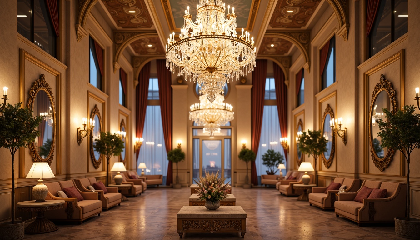 Prompt: Opulent chandelier, crystal droplets, golden accents, ornate metalwork, lavish candelabras, delicate porcelain, soft warm glow, pastel hues, velvet drapes, intricate carvings, luxurious furnishings, grandiose architecture, sweeping curves, ornamental mirrors, lavish textiles, dramatic uplighting, warm color temperature, high contrast ratio, 1/2 composition, shallow depth of field, realistic reflections.