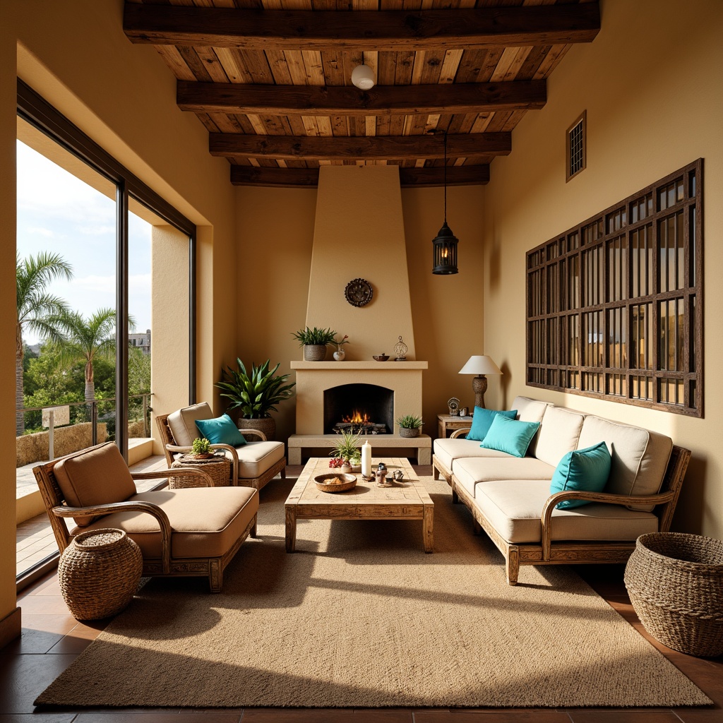 Prompt: Cozy Mediterranean living room, warm beige walls, rustic wooden furniture, plush velvet sofas, ornate metal frames, vibrant turquoise accents, natural fiber rugs, woven baskets, aromatic candles, large windows, sliding glass doors, sunny day, soft warm lighting, shallow depth of field, 1/2 composition, realistic textures, ambient occlusion.