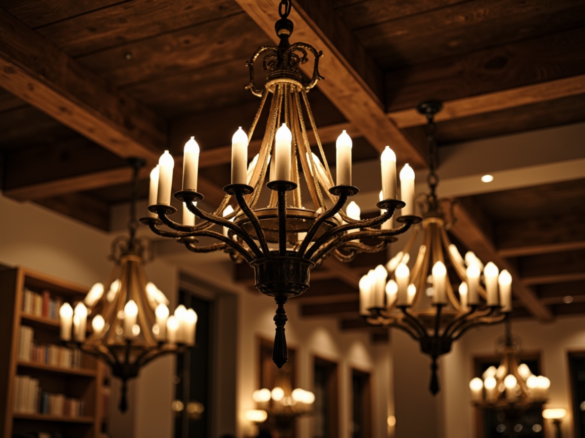 Prompt: Ornate chandeliers, rustic metal lanterns, vintage pendant lights, distressed wooden fixtures, warm candlelight, soft warm glows, traditional architectural styles, classic interior design, nostalgic ambiance, ornamental details, elegant curves, luxurious materials, rich textures, earthy tones, warm beige colors, natural stone walls, wooden beam ceilings, cozy atmosphere, intimate settings, dramatic shadows, 3/4 composition, shallow depth of field.