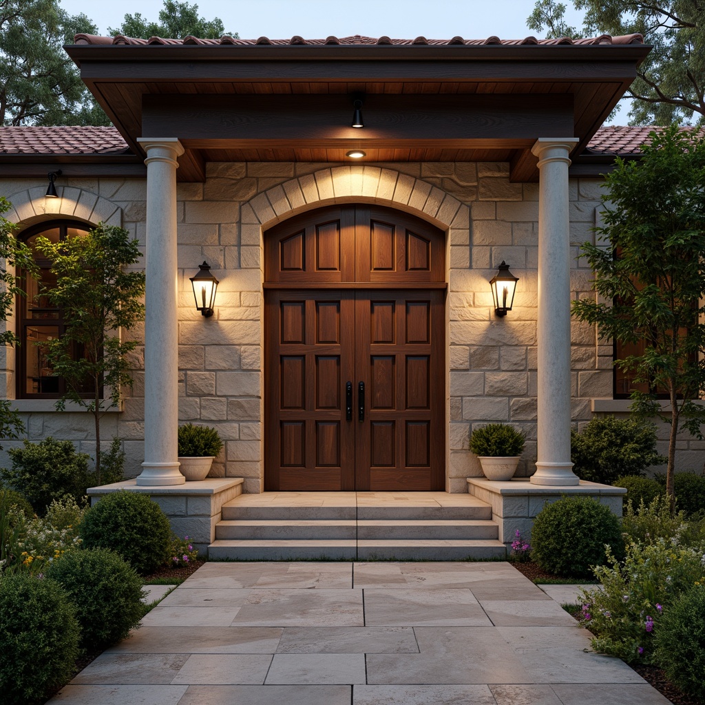 Prompt: Grand entrance, ornate wooden doors, decorative metal hardware, symmetrical fa\u00e7ade, balanced composition, classic columns, carved stone details, rustic brick walls, terra cotta roof tiles, lush greenery, climbing vines, warm lantern lighting, inviting pathway, natural stone flooring, elegant archways, refined molding profiles, subtle color palette, soft ambient lighting, 1/2 composition, shallow depth of field, realistic textures.