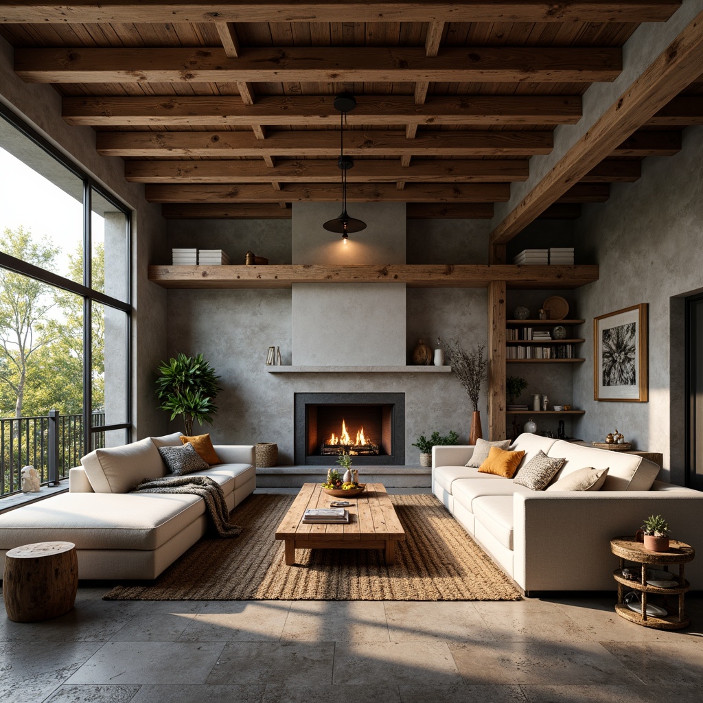 Prompt: Industrial-chic living room, exposed wooden beams, rustic metal accents, reclaimed wood furniture, earthy color palette, natural stone flooring, modern minimalist decor, cozy throw blankets, warm pendant lighting, atmospheric shadows, 1/2 composition, shallow depth of field, soft warm glow, realistic textures, ambient occlusion.