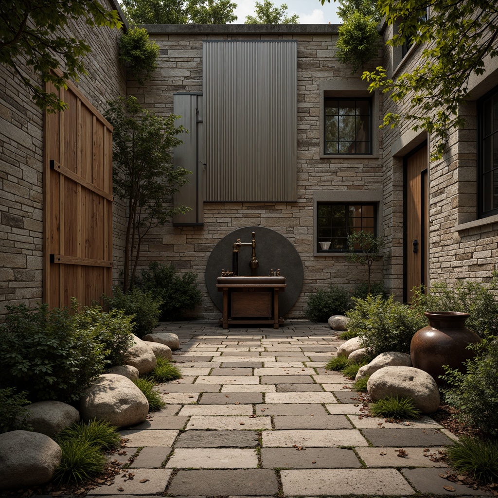 Prompt: Rustic wooden planks, distressed metal sheets, weathered stone walls, rough-hewn boulders, moss-covered rocks, intricate tile patterns, ornate metal fixtures, vintage industrial machinery, reclaimed wood accents, earthy color palette, natural lighting, soft shadows, shallow depth of field, 2/3 composition, cinematic perspective, high-contrast textures, ambient occlusion.