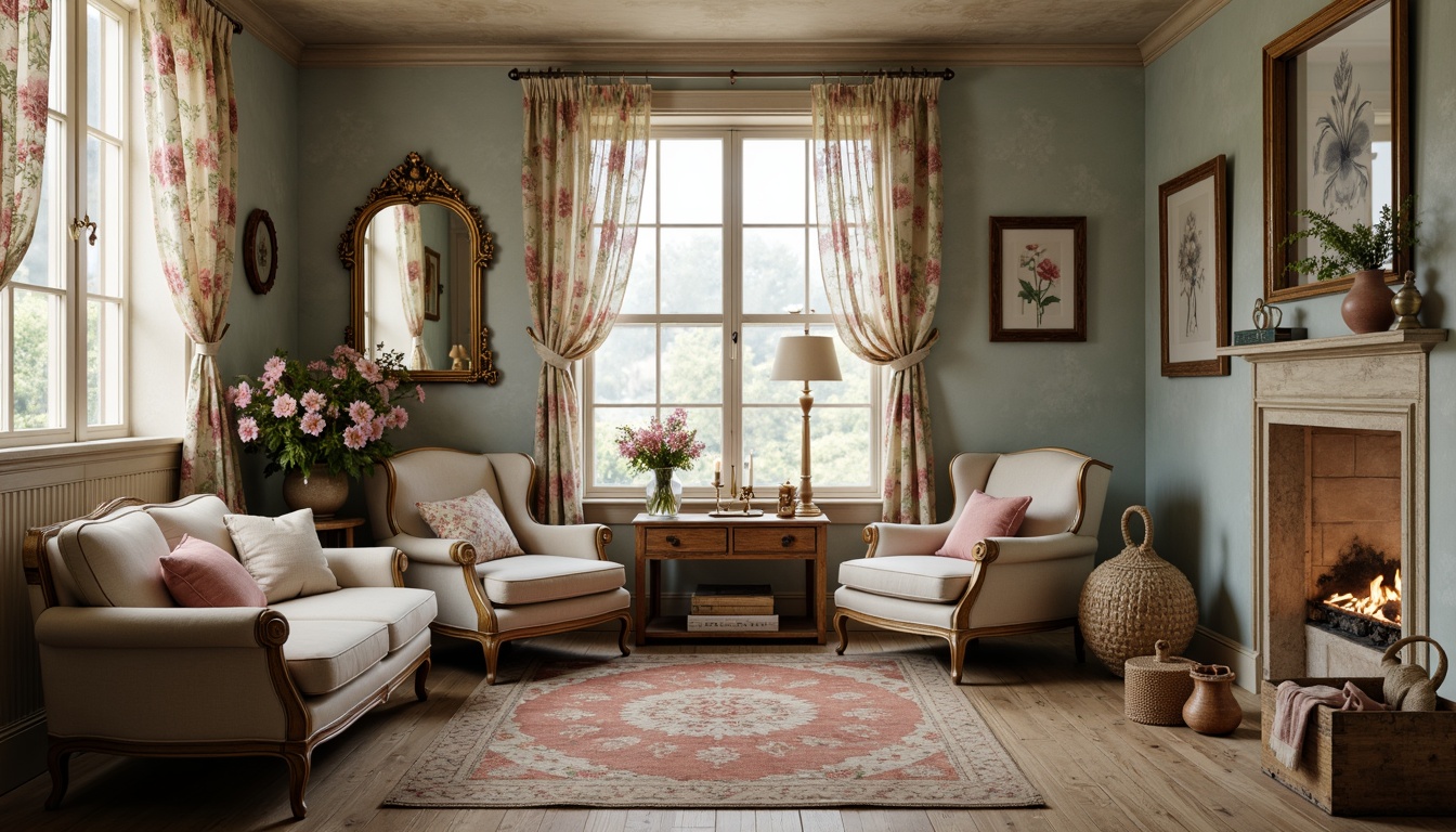 Prompt: Vintage distressed furniture, soft pastel colors, floral patterns, lace curtains, rustic wooden floors, antique decorative items, feminine accents, ornate mirrors, plush area rugs, cozy reading nooks, natural textiles, warm candlelight, soft focus, shallow depth of field, 1/1 composition, intimate atmosphere, romantic ambiance.