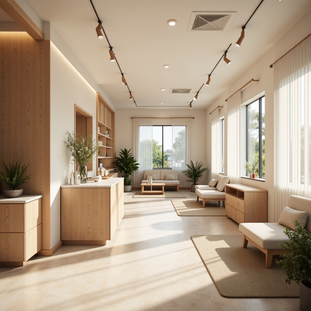 Prompt: Soothing medical clinic, calming atmosphere, gentle lighting, pastel color scheme, soft peach tones, creamy whites, pale blues, muted greens, natural wood accents, minimalist decor, modern furniture, comfortable seating areas, plants and flowers, subtle branding elements, warm beige flooring, creamy wall textures, soft focus photography, shallow depth of field, 1/2 composition, realistic renderings, ambient occlusion.