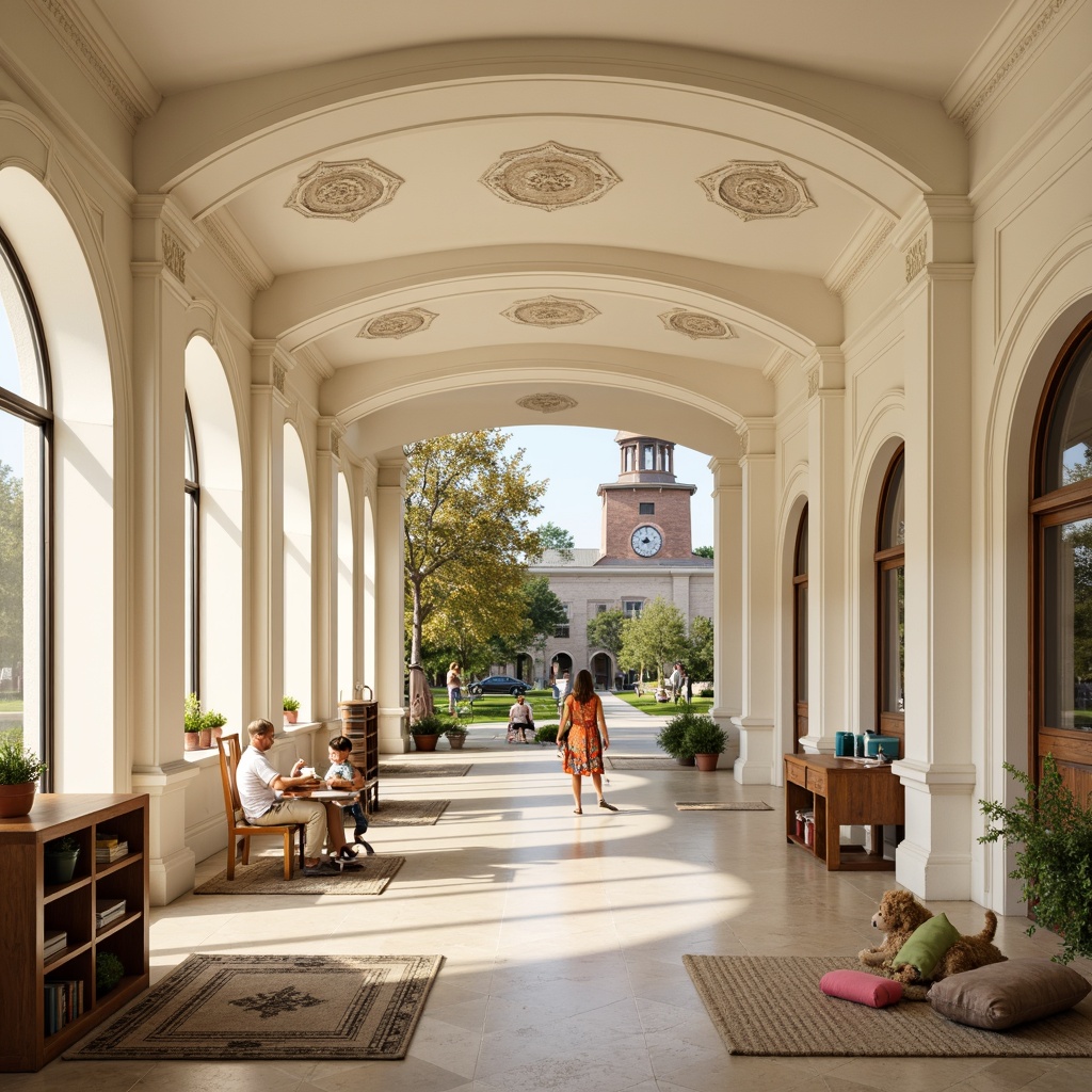 Prompt: Creamy white walls, ornate pilasters, soft arches, gentle columns, rounded doorways, wooden furniture, colorful toys, educational decorations, vibrant murals, classical cornices, elegant moldings, warm beige flooring, large windows, natural light, cozy reading nooks, plush area rugs, decorative ceiling medallions, classic clock tower, rustic brick exterior, lush greenery surroundings, sunny afternoon, soft focus, 1/2 composition, realistic textures.