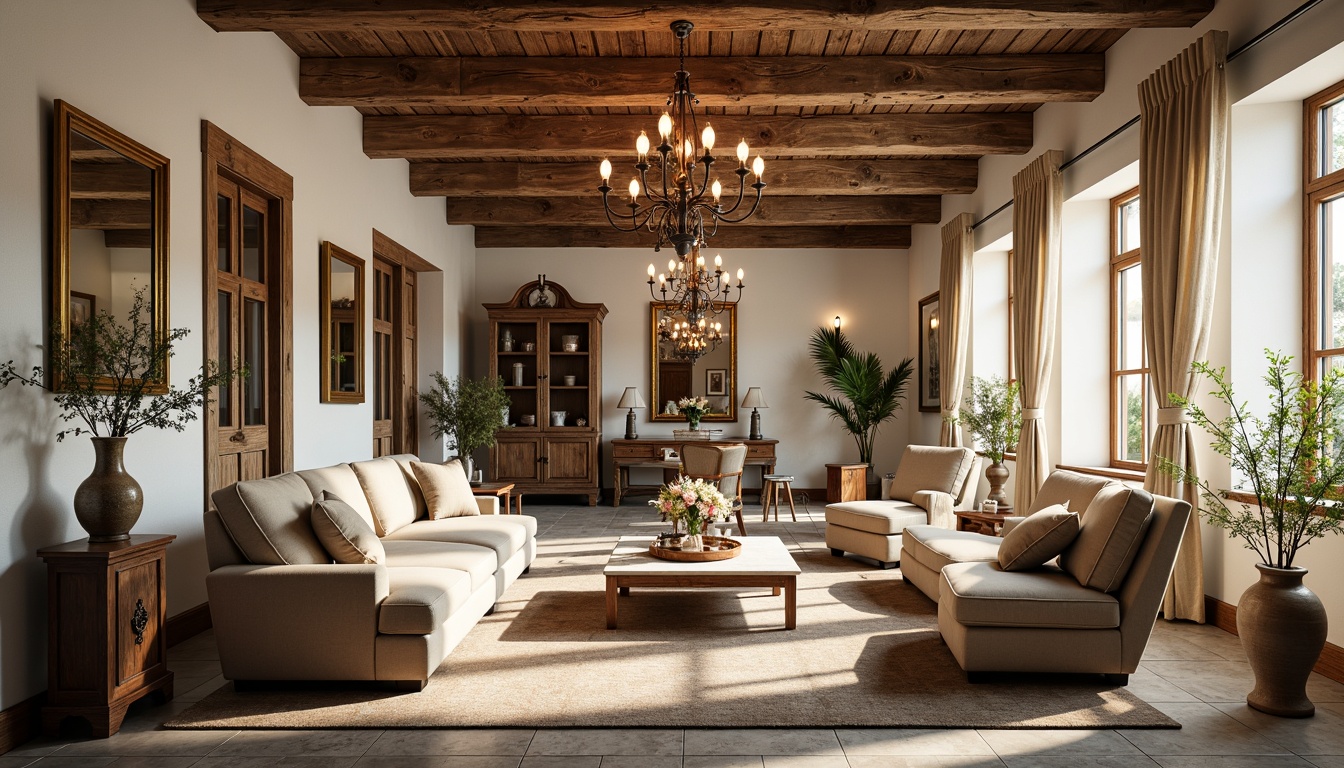 Prompt: Rustic wooden beams, distressed finishes, soft warm lighting, elegant chandeliers, ornate mirrors, plush velvet sofas, antique armchairs, carved wooden cabinets, decorative vases, fresh flower arrangements, natural stone floors, creamy white walls, tall windows, draped curtains, charming French country patterns, vintage accessories, warm earthy tones, inviting ambiance, 1/1 composition, shallow depth of field, realistic textures.