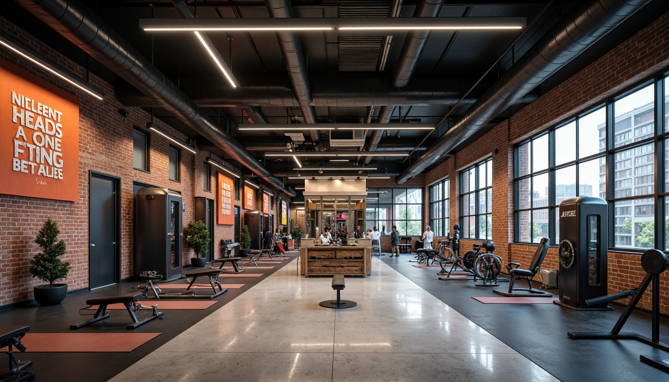 Prompt: Modern fitness center, industrial chic aesthetic, exposed brick walls, polished concrete floors, metallic accents, sleek glass partitions, minimalist lighting fixtures, motivational quotes, athletic equipment displays, rubber flooring, anti-microbial coatings, bold color schemes, urban loft atmosphere, reclaimed wood features, distressed metal decorations, dynamic LED lighting, high-contrast visuals, dramatic shadows, 1/2 composition, low-angle shot, realistic textures, ambient occlusion.