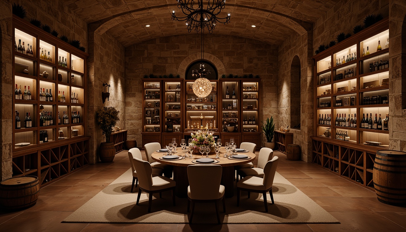 Prompt: Warm wine cellar atmosphere, rich wood tones, rustic stone walls, dimmed ambient lighting, soft warm glow, floor-to-ceiling shelving, wooden wine crates, glass-enclosed wine displays, leather-bound wine books, vintage wine barrels, earthy aromas, subtle color palette, cozy seating area, intimate conversation nooks, warm beige carpets, dark wood accents, ornate metalwork, elegant chandeliers, subtle LED lighting, sophisticated decor.