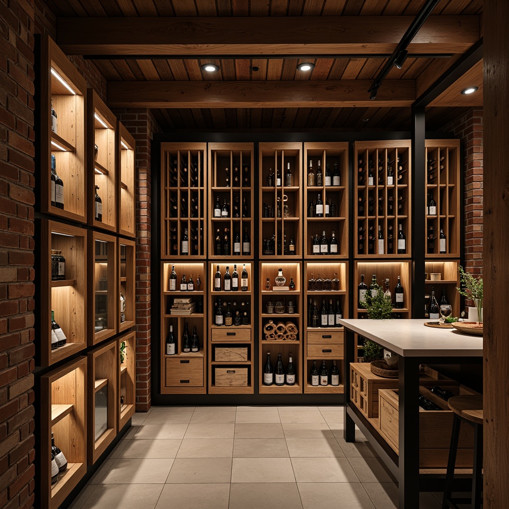 Prompt: Luxurious wine cellar, rich wood tones, ambient dim lighting, temperature-controlled environment, sleek metal shelving, minimalist design, adjustable storage racks, precision-crafted wooden crates, glass-enclosed display cases, LED accent lighting, modern industrial architecture, polished concrete floors, exposed brick walls, rustic wooden accents, climate-controlled conditions, soft warm glow, shallow depth of field, 3/4 composition, panoramic view, realistic textures, ambient occlusion.