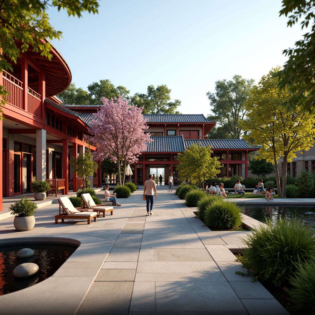 Prompt: Vibrant community center, traditional Asian architecture, curved rooflines, ornate tile work, bold red accents, golden lanterns, intricate wooden carvings, natural stone flooring, lush greenery, serene water features, peaceful koi ponds, bamboo fencing, cherry blossom trees, warm soft lighting, shallow depth of field, 3/4 composition, realistic textures, ambient occlusion.