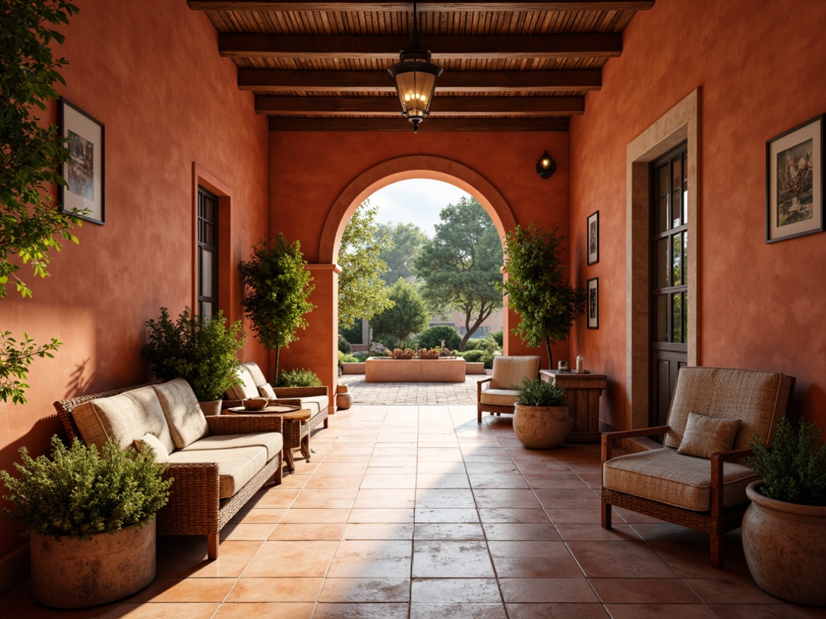 Prompt: Warm Mediterranean ambiance, rustic terracotta tiles, earthy red hues, natural textures, ceramic materials, distressed finishes, traditional Spanish-inspired architecture, ornate archways, wooden beam ceilings, vintage furniture pieces, lush greenery, potted plants, sunny outdoor spaces, soft warm lighting, shallow depth of field, 1/1 composition, realistic textures, ambient occlusion.