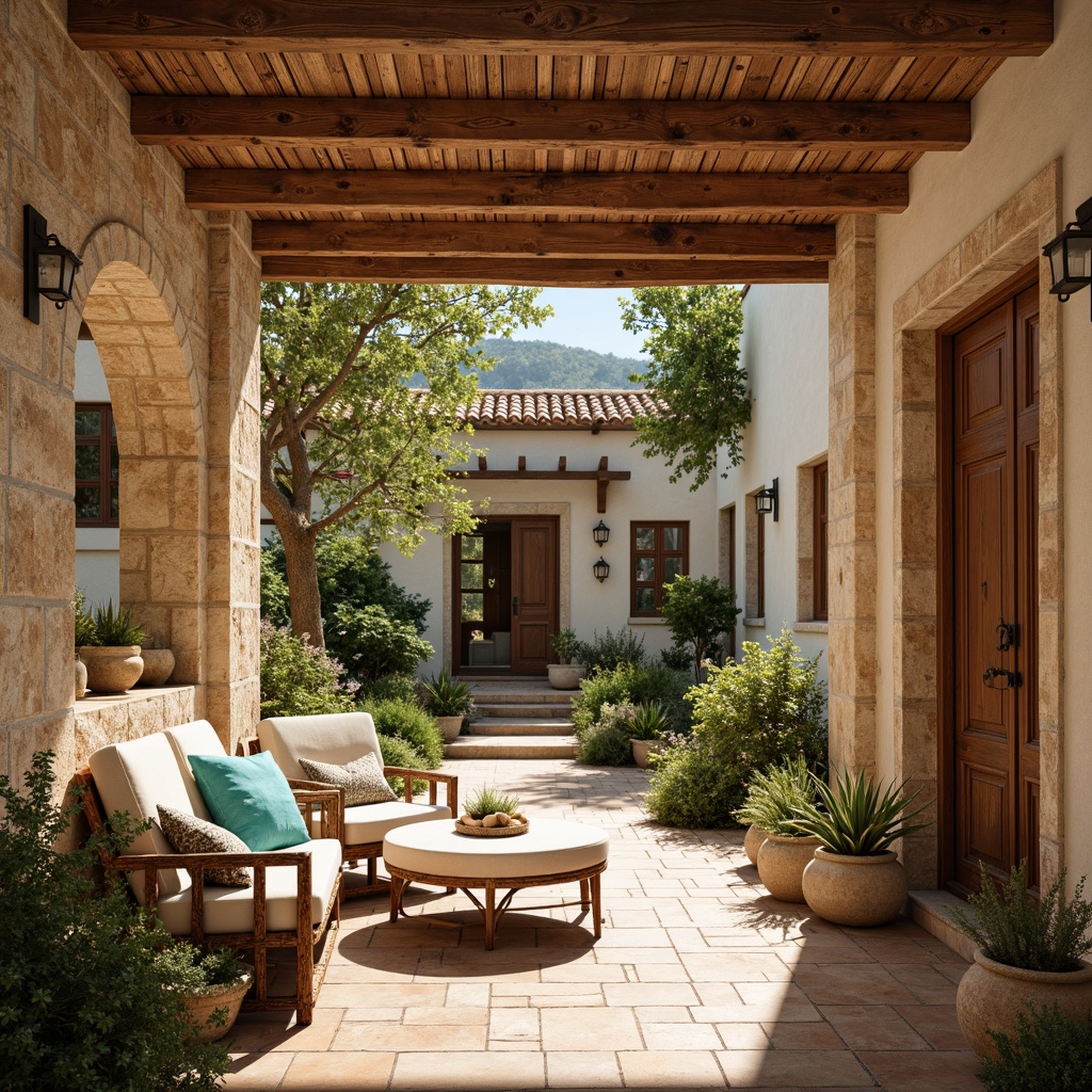 Prompt: Warm Mediterranean villa, rustic stone walls, terracotta flooring, earthy color scheme, warm beige tones, soft sage greens, calming blues, vibrant turquoise accents, natural textiles, woven baskets, distressed wood furniture, ornate metalwork, sun-kissed courtyards, lush greenery, fragrant herbs, sea breeze, soft warm lighting, shallow depth of field, 1/2 composition, realistic textures, ambient occlusion.