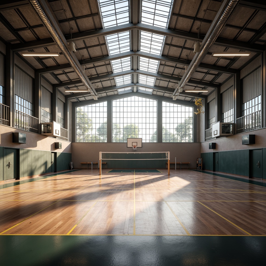 Prompt: Modern gymnasium interior, high ceiling, exposed ductwork, polished wooden floors, sports equipment, basketball hoops, volleyball nets, athletic tracks, natural light pouring in, clerestory windows, soft warm glow, LED strip lights, dynamic color changing effects, gradient shadows, atmospheric haze, realistic reflections, shallow depth of field, 1/2 composition, symmetrical framing.