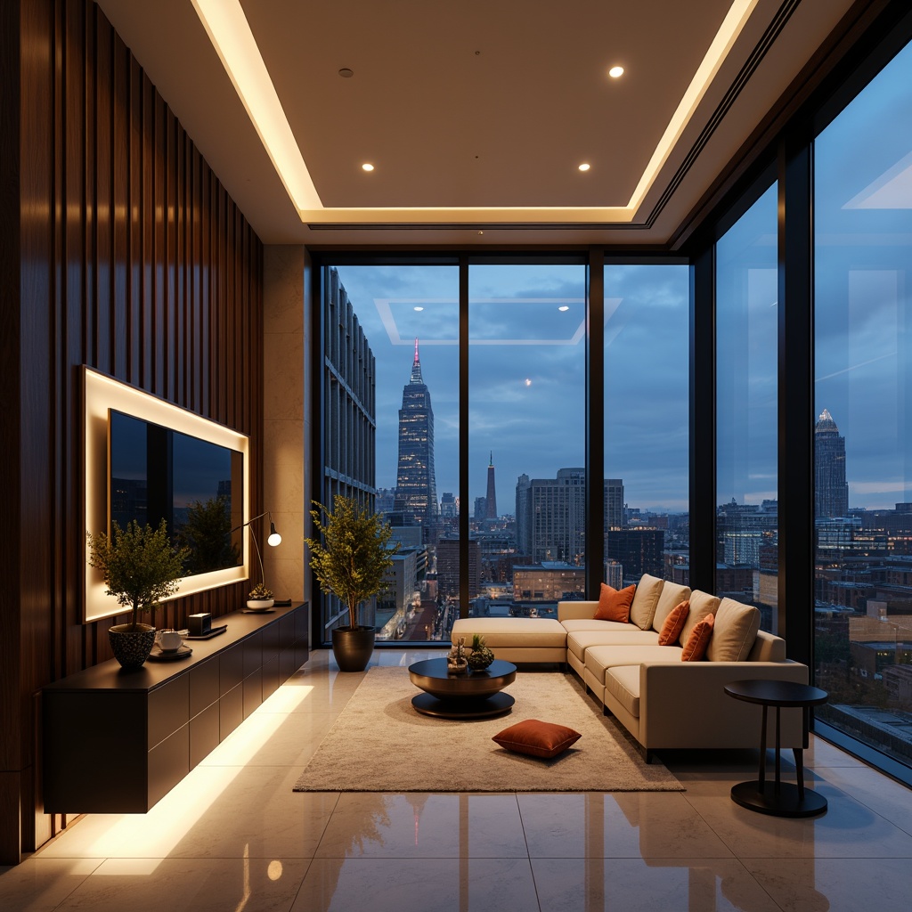 Prompt: Modern luxury penthouse, sleek minimalistic design, floor-to-ceiling windows, dimmable LED strip lights, warm ambient glow, recessed ceiling fixtures, pendant lamps, polished chrome accents, marble floors, high-gloss cabinets, sophisticated city skyline view, dramatic nighttime scenery, cinematic lighting effects, softbox illumination, 1/2 composition, shallow depth of field, realistic reflections.