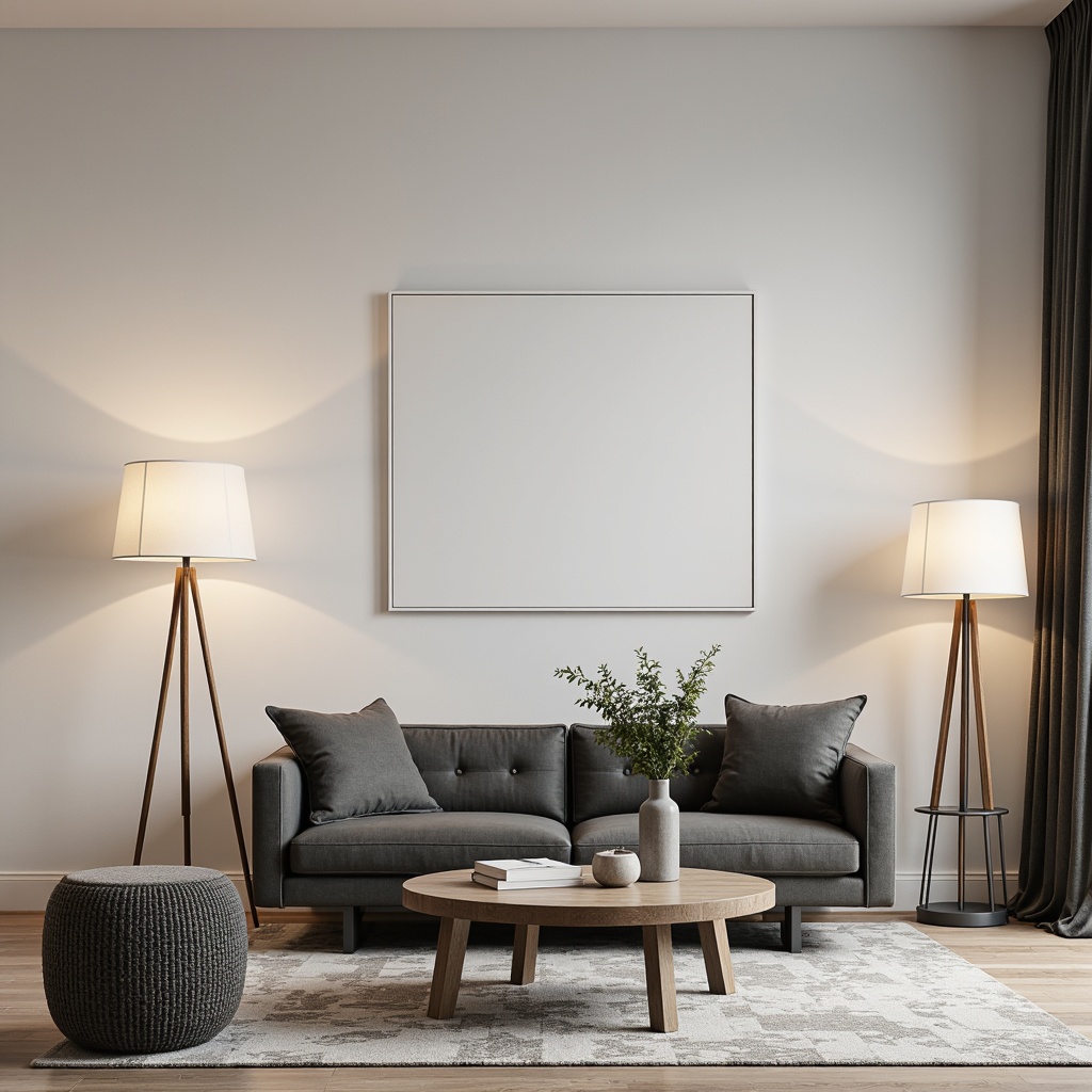 Prompt: Simple living room, monochromatic color scheme, sleek low-profile sofa, minimalist coffee table, functional floor lamps, comfortable throw pillows, natural wood accents, industrial metal legs, geometric patterns, soft warm lighting, shallow depth of field, 1/1 composition, realistic textures, ambient occlusion.