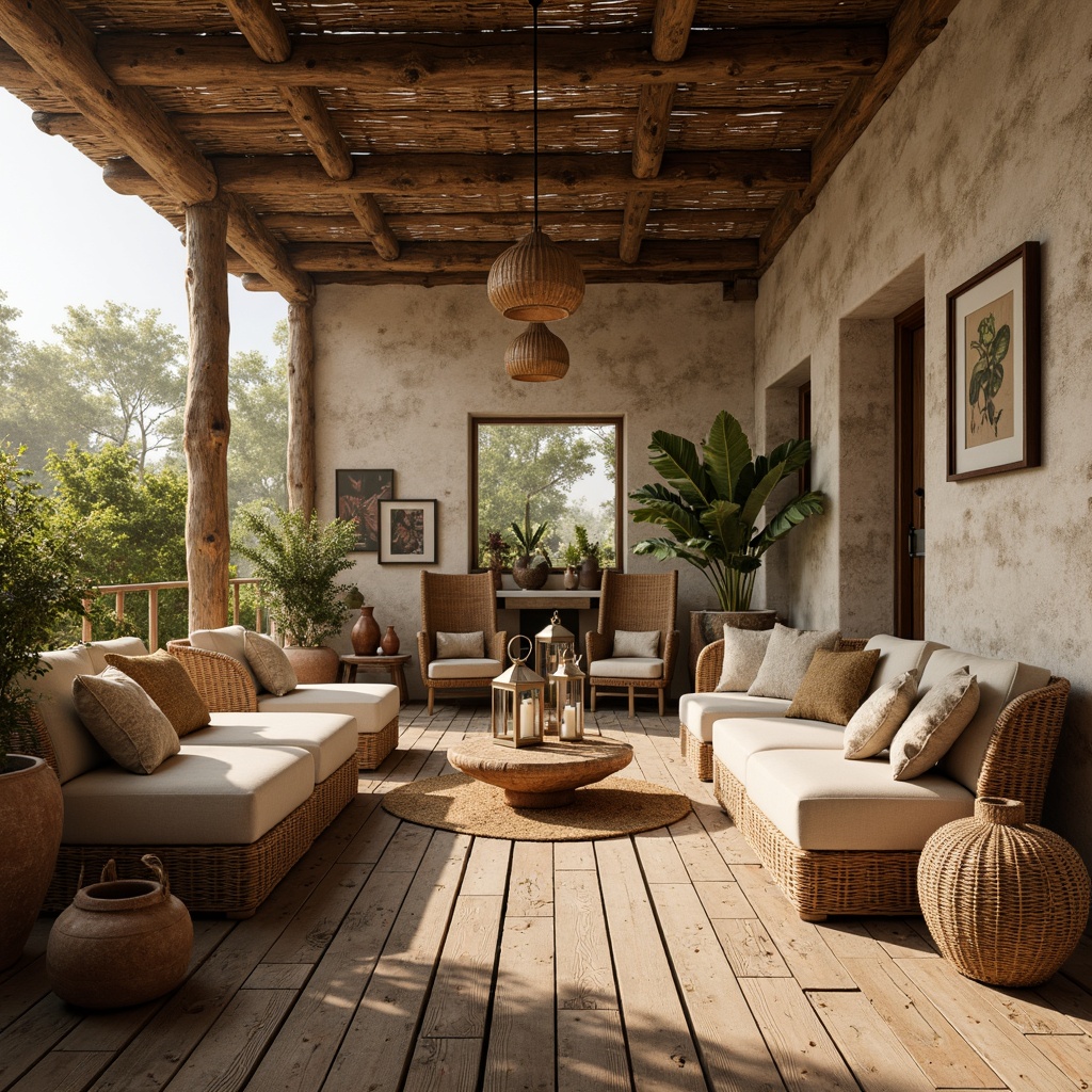 Prompt: Rustic wooden planks, distressed stone walls, woven rattan furniture, natural fiber textiles, earthy terracotta pots, vintage metal lanterns, reclaimed wood accents, organic shapes, curved lines, warm beige color palette, soft golden lighting, atmospheric misting, shallow depth of field, 1/1 composition, realistic textures, ambient occlusion.