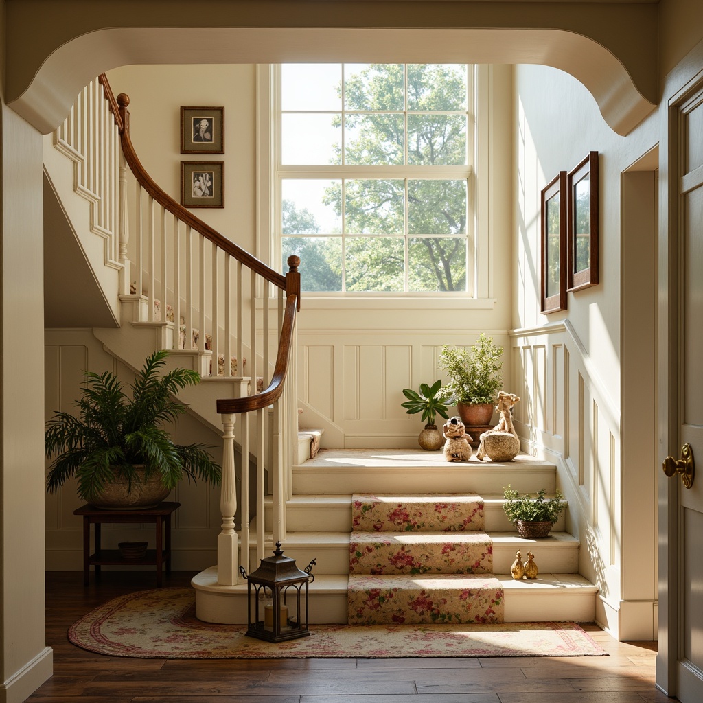 Prompt: Distressed wooden handrails, soft pastel colors, ornate metal balusters, delicate floral patterns, vintage-inspired lanterns, distressed wood steps, creamy white risers, decorative newel posts, intricate carvings, rustic wooden floors, natural fiber rugs, warm golden lighting, shallow depth of field, 1/2 composition, romantic atmosphere.