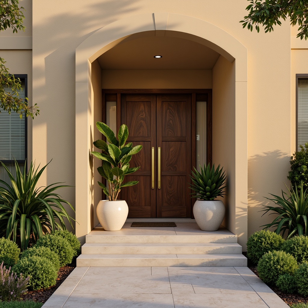 Prompt: Welcoming entrance, warm beige walls, rich wooden doors, polished bronze hardware, vibrant greenery, lush potted plants, soft cream accents, subtle gray tones, natural stone flooring, ambient warm lighting, shallow depth of field, 1/1 composition, realistic textures, inviting atmosphere.