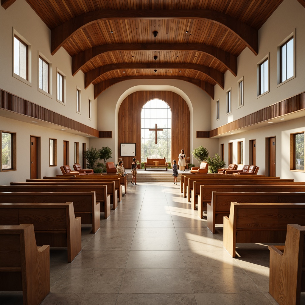 Prompt: Streamlined modern church interior, curved wooden pews, polished marble floors, vaulted ceilings, stained glass windows, natural light diffusion, warm ambiance, subtle reverberation, optimal sound resonance, acoustic paneling, minimal echo, clear speech intelligibility, worship space, spiritual atmosphere, soft warm lighting, shallow depth of field, 3/4 composition, realistic textures, ambient occlusion.