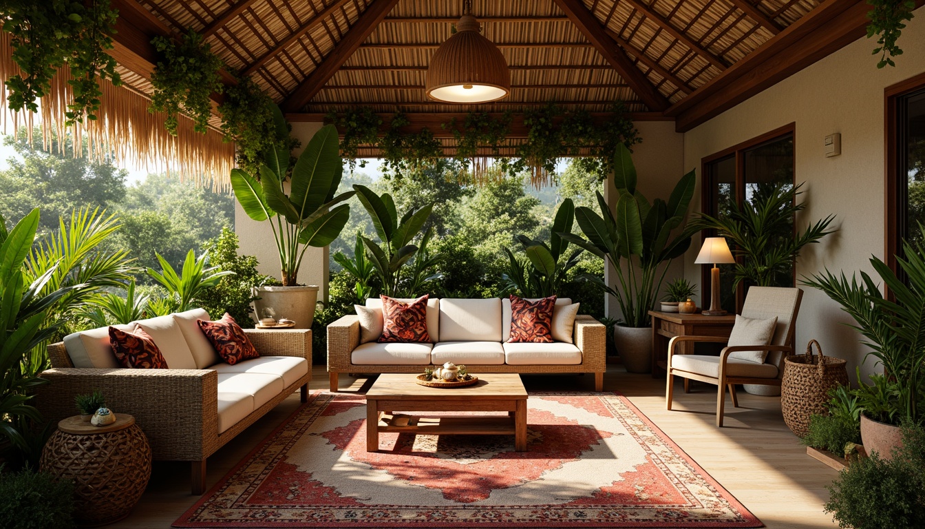 Prompt: Lush tropical interior, natural materials, woven rattan furniture, vibrant greenery, exotic flowers, wooden accents, earthy tones, warm ambient lighting, soft diffused glow, LED strip lights, hidden light sources, layered lighting effects, cozy reading nooks, plush textiles, intricate patterns, colorful tribal motifs, statement light fixtures, unique sculptural shapes, natural stone walls, reclaimed wood floors, open-plan layout, airy spaces, soft breezy atmosphere, warm sunny day, shallow depth of field, 1/1 composition, realistic textures.