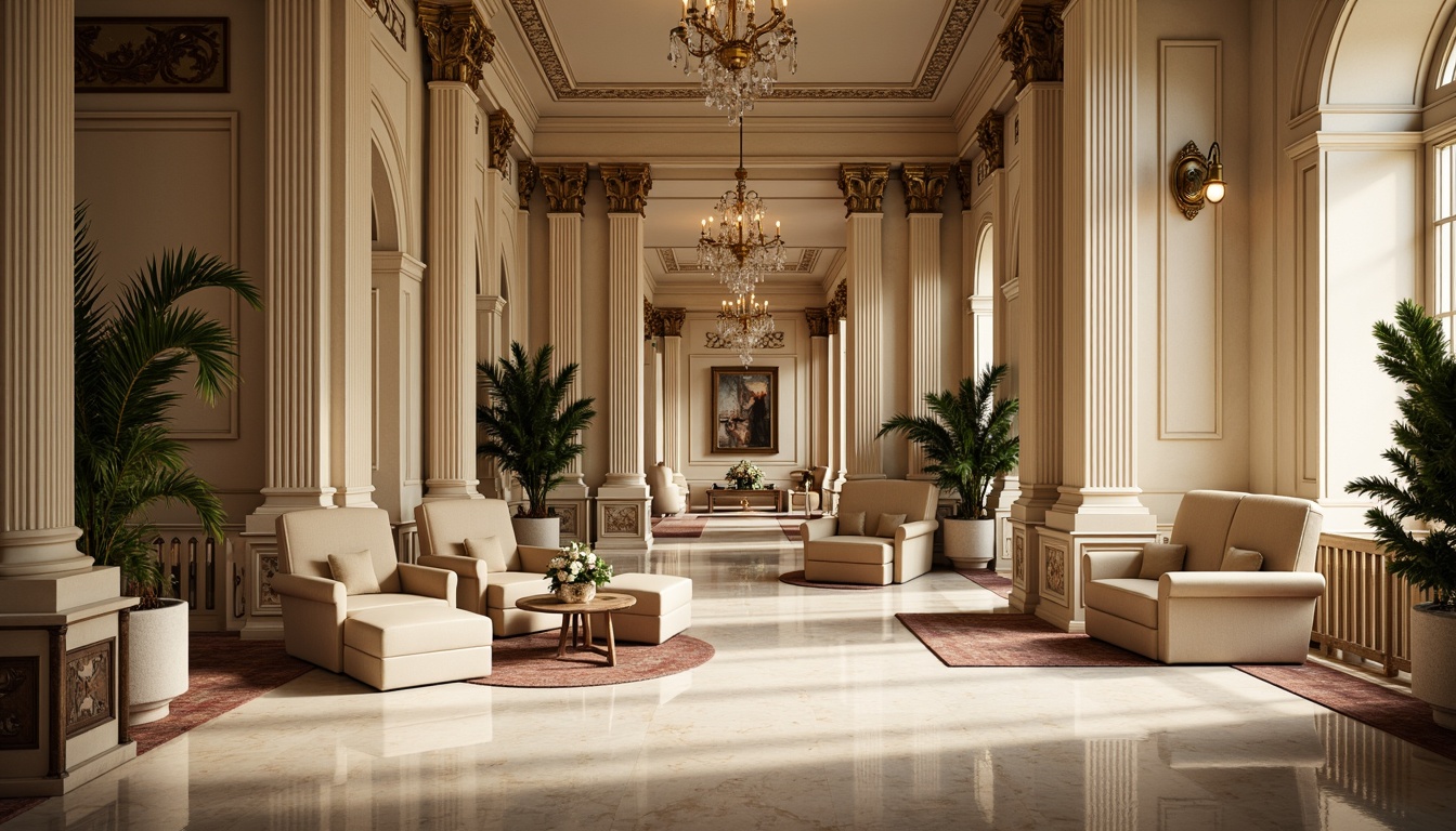 Prompt: Richly ornate interiors, neoclassical architecture, cream-colored marble floors, intricately carved wooden furniture, gilded accents, velvety soft furnishings, subtle warm lighting, elegant chandeliers, ornamental mirrors, classical columns, archways, neutral beige walls, subtle texture overlays, realistic reflections, shallow depth of field, 1/1 composition, atmospheric perspective, soft focus blur, luxurious atmosphere.