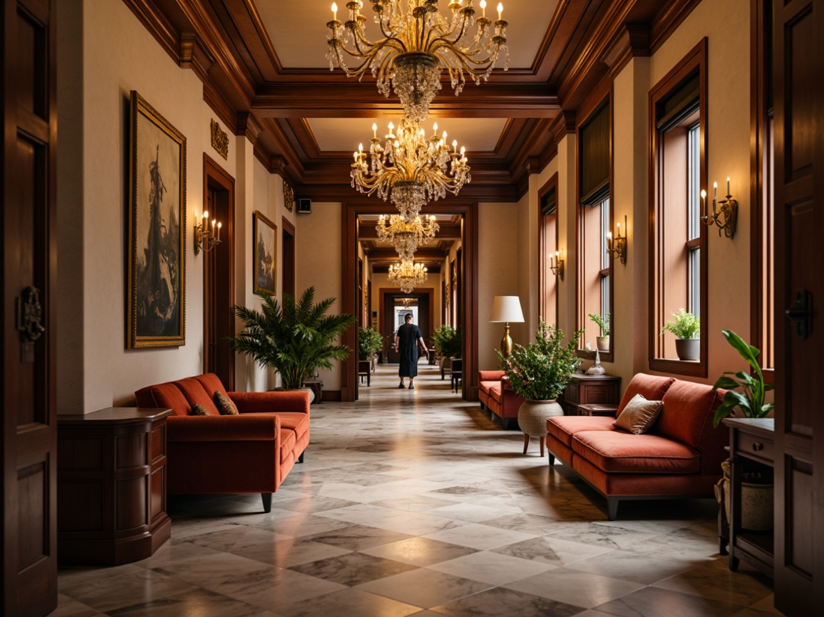 Prompt: Elegant hallway, high ceilings, marble flooring, ornate chandeliers, luxurious fabrics, velvet sofas, wooden console tables, gilded frames, sophisticated color palette, soft warm lighting, shallow depth of field, 1/2 composition, intimate atmosphere, rich textures, subtle patterns, refined details.