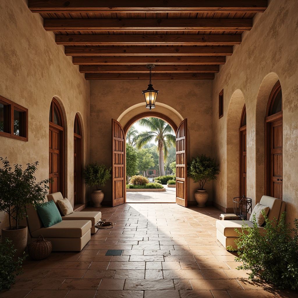 Prompt: Warm Mediterranean interior, archway entrance, rustic stone walls, ornate wooden doors, distressed wooden beams, soft warm lighting, terracotta floor tiles, turquoise accents, lush greenery, natural textiles, elegant curved lines, classic columns, ornamental metalwork, ambient shadows, 1/2 composition, realistic materials, subtle color palette.