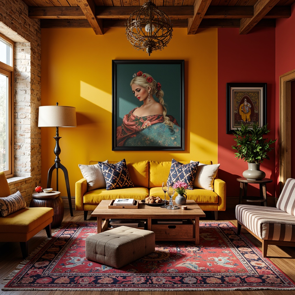 Prompt: Vibrant living room, bold accent walls, rich wood furniture, plush area rugs, eclectic decorative pillows, ornate metal lighting fixtures, statement piece artwork, geometric patterned textiles, warm golden lighting, cozy atmosphere, shallow depth of field, 1/2 composition, realistic reflections, ambient occlusion.