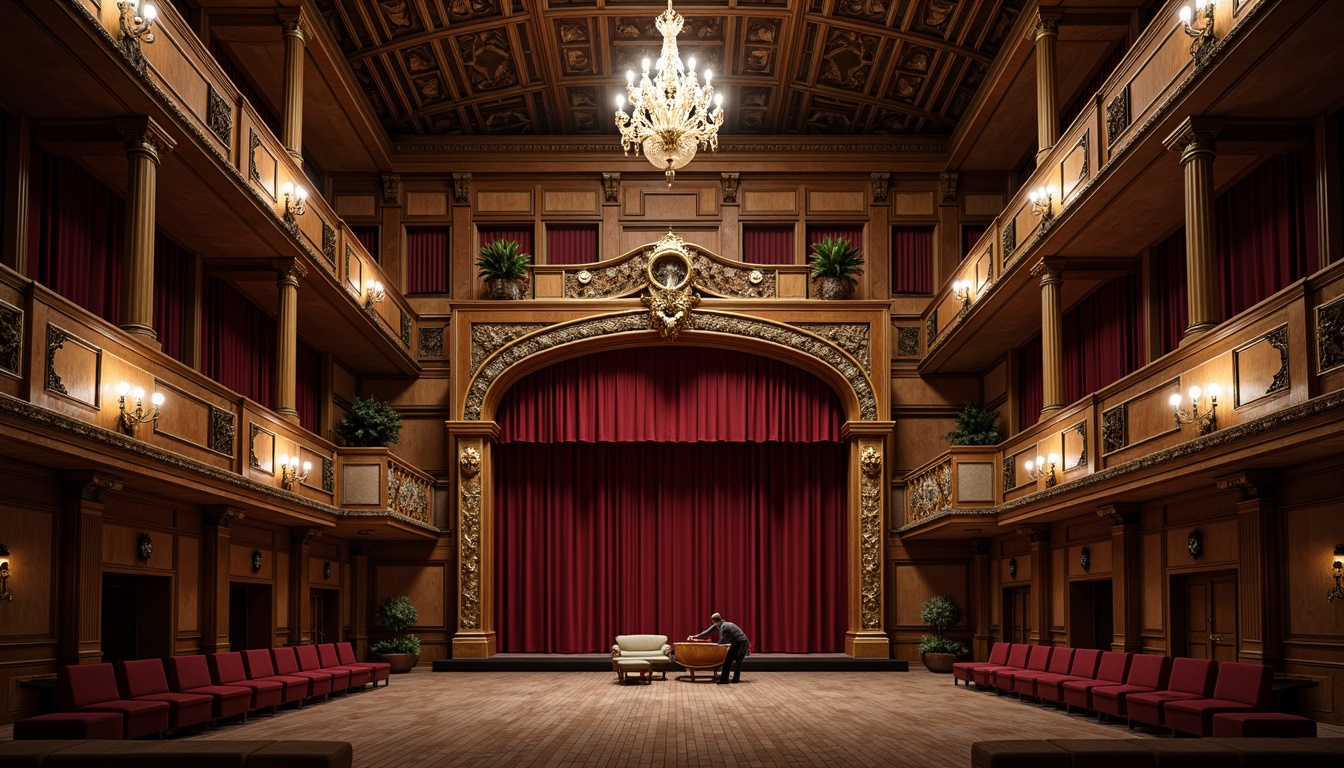 Prompt: Intimate traditional performing arts center, ornate wooden stage, velvet curtains, gilded balconies, plush red seats, intricate carvings, rich wood tones, warm ambient lighting, subtle reflections, soft diffusion, 1/2 composition, shallow depth of field, realistic textures, ambient occlusion, precise acoustic treatment, optimized sound absorption, minimal echo, clear audio clarity, professional sound engineering, state-of-the-art equipment, vintage microphone aesthetics, rustic wooden floors, ornate chandeliers.